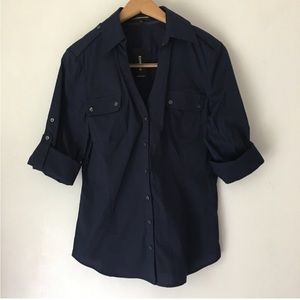 Express Roll Tab Top Blouse Blue Med Long Slv V-Neck Button Up WMN Chest Pockets